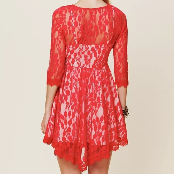 Sz4 Free People Red Floral Embroidered Mesh Dress - Picture 4 of 12